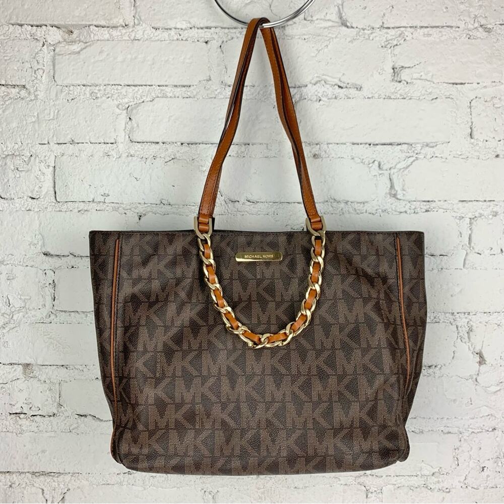 Michael Kors Laptop Brown Signature Print Chain Detail Leather Tote Bag